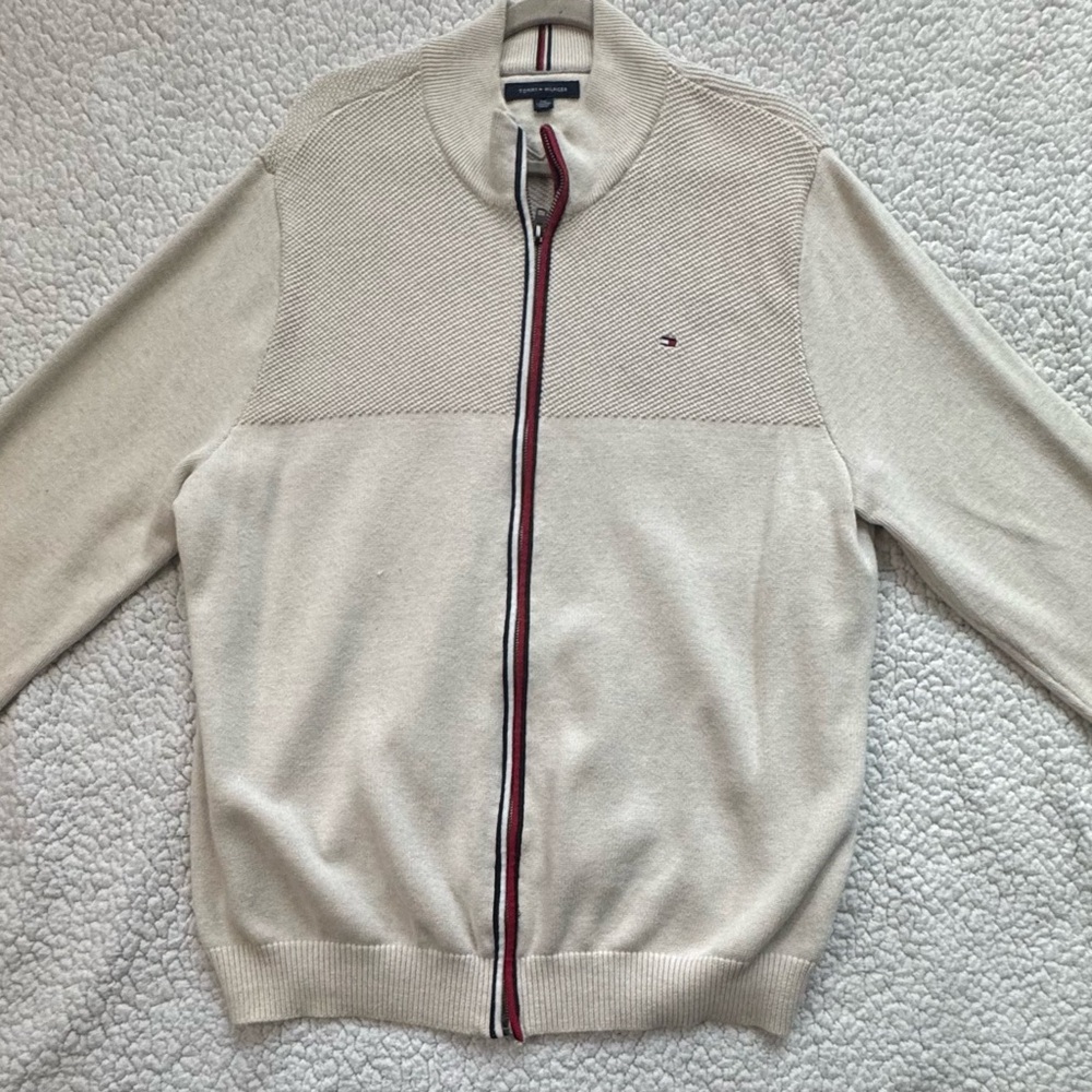 Tommy Hilfiger Beige Zip-Up Sweater with Red Trim